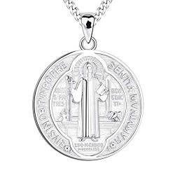 FJ Heiliger Benedikt Kette 925 Sterling Silber Heiliger Benedikt Anhänger Halskette Runde Münze Antiqued Religious Protector Talisman Kette für Herren Damen von FJ