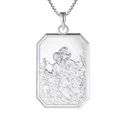 FJ Heiliger Christophorus Kette Damen Herren 925 Sterling Silber Heiliger Christophorus Anhänger Halskette St Christopher Schmuck für Frauen Männer 20" Kette (Quadratisch) von FJ