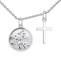 FJ Heiliger Christophorus Kette mit Kreuz 925 Sterling Silber Heiliger Christophorus Anhänger Halskette für Damen Mädchen Jungs Kinder von FJ