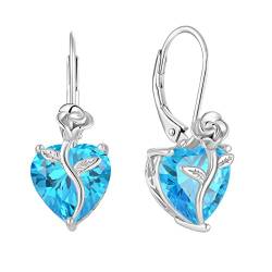 FJ Herz Ohrringe Damen Aquamarin März Geburtsstein Ohrringe 925 Sterling Silber Hängend Ohrringe Rose Blume Schmuck Geschenke für Damen Frauen Mutter Freundin Mama von FJ