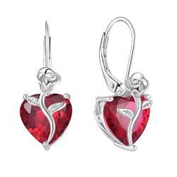 FJ Herz Ohrringe Damen Rubin Juli Geburtsstein Ohrringe 925 Sterling Silber Hängend Ohrringe Rose Blume Schmuck Geschenke für Damen Frauen Mutter Freundin Mama von FJ