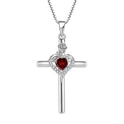 FJ Kreuz Kette Damen 925 Sterling Silber Granat Kette Januar Geburtsstein Halskette Anhänger Rose Blume Schmuck Geschenke für Frauen Mutter Freundin Mama von FJ