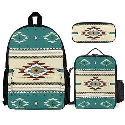 3-teiliges Set Rucksäcke, Büchertasche – mit Lunchtasche & Federmäppchen, Büchertaschen, Mittelbedarf für Unisex (kompatibel mit Ethno Indiana Southwest Western Tribal Azteken) von FJAUOQ