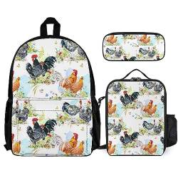 3-teiliges Set Rucksäcke, Büchertasche – mit Lunchtasche und Federmäppchen, Büchertaschen, Mittelzubehör für Unisex (kompatibel mit Hahn, Huhn, Aquarellblumen) von FJAUOQ