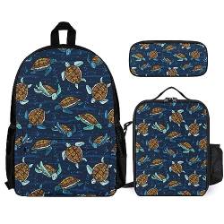 3-teiliges Set Rucksäcke, Büchertasche – mit Lunchtasche und Federmäppchen, Büchertaschen, Mittelzubehör für Unisex (kompatibel mit niedlichen Meeresschildkröten) von FJAUOQ