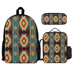 3-teiliges Set für Unisex, kompatibel mit Tribal Navajo Indiana Western Southwest Ethni Rucksack (Bookbag Tasche + Federmäppchen + Lunchtasche Kombination) von FJAUOQ