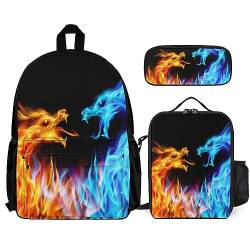 3-teiliges Set für Unisex, kompatibel mit rotem blauem Eisfeuer, Flamme Drache, Rucksack (Bookbag + Federmäppchen + Lunchtaschenkombination) von FJAUOQ