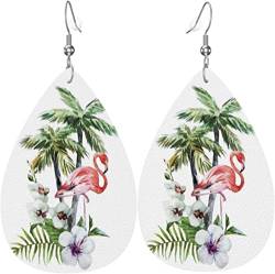 Damen-Ohrringe aus Leder, modisch, baumelnde Ohrringe – Flamingo mit Hawaii-Blättern, tropfenförmige Ohrringe von FJAUOQ