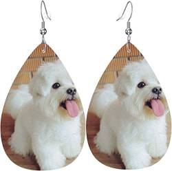 Damen-Ohrringe aus Leder, modisch, baumelnde Ohrringe – Malteser-Hund-Tropfen-Ohrringe von FJAUOQ