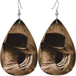 Damen-Ohrringe aus Leder, modisch, baumelnde Ohrringe – Tropfen-Ohrringe mit Cowboy-Hut im Wild-West-Stil von FJAUOQ