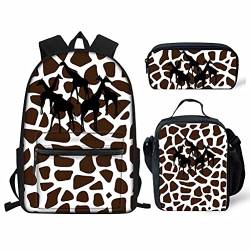 FJAUOQ 3 Stück Blätter Lippen Kinder Rucksack Set Schultaschen Büchertaschen Mittagessen Tasche Federmäppchen, Dunkelbraune Giraffe, One size von FJAUOQ