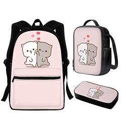 FJAUOQ Axolotl niedlicher Rucksack für Mädchen, Grundschultaschen und Lunchbox, Federmäppchen, Mittelschule, Schüler, Büchertaschen, 43,2 cm, Rucksack, Alter 9–12 Jahre, Tagesrucksack, Katze pink, One von FJAUOQ