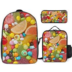 FJAUOQ Bunte Süßigkeiten-Muster Rucksack-Set, 3-teilig, Rucksack-Set mit Lunch-Tasche, Federmäppchen, große Kapazität, Buntes Süßigkeiten-Muster, Einheitsgröße, Rucksack Rucksäcke von FJAUOQ
