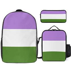 FJAUOQ Genderqueer Pride Rucksack Set, 3-teilig, Rucksack-Set mit Lunch-Tasche, Federmäppchen, großes Fassungsvermögen, Genderqueer Pride Flagge, Einheitsgröße, Rucksack Rucksäcke von FJAUOQ