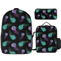 FJAUOQ Jellyfish Rucksack-Set, leuchtet im Dunkeln, 3-teilig, Rucksack-Set mit Lunch-Tasche, Federmäppchen, großes Fassungsvermögen, Quallen leuchten im Dunkeln, Einheitsgröße, Rucksack Rucksäcke von FJAUOQ