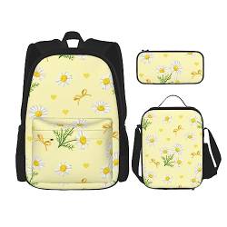 FJAUOQ Niedliches Rucksack-Set mit Gänseblümchen-Aufdruck, 3-teilig, Rucksack-Set mit Lunch-Tasche, Federmäppchen, große Kapazität, Bp390, Einheitsgröße, Rucksack Rucksäcke von FJAUOQ