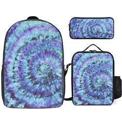 FJAUOQ Psychedelisches Batikrucksack-Set, 3-teilig, Rucksack-Set mit Lunch-Tasche, Federmäppchen, großes Fassungsvermögen, Psychedelischer Batikstoff, Einheitsgröße, Rucksack Rucksäcke von FJAUOQ