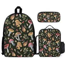 FJAUOQ Rucksack, Unisex, wasserabweisend, Büchertasche mit Lunchtasche und Federmäppchen, Kombination, 3-teiliges Set, kompatibel mit Aquarellfarben, Herbstblättern, Pilzen von FJAUOQ