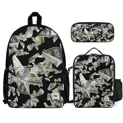 FJAUOQ Rucksack, Unisex, wasserabweisend, Büchertasche mit Lunchtasche und Federmäppchen, Kombination, 3-teiliges Set, kompatibel mit Falling Money American Bill Dollars von FJAUOQ