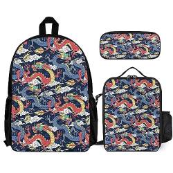 FJAUOQ Rucksack, Unisex, wasserabweisend, Büchertasche mit Lunchtasche und Federmäppchen, Kombination, 3-teiliges Set, kompatibel mit coolen japanischen Drachen von FJAUOQ