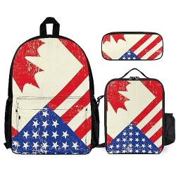 FJAUOQ Rucksack, Unisex, wasserabweisend, Büchertasche mit Lunchtasche und Federmäppchen, Kombination, 3-teiliges Set, kompatibel mit kanadischer und amerikanischer Grunge-Flagge von FJAUOQ