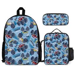 FJAUOQ Rucksack-Set, 3-teilig, für Herren und Damen, kompatibel mit Cartoon-Truck, blau, Büchertasche, Lunchbox, Bleistifttasche von FJAUOQ