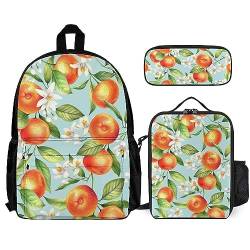 FJAUOQ Rucksack-Set, 3-teilig, für Herren und Damen, kompatibel mit Orangenfrüchten, Blumen, Blättern, Blumenbüchertasche, Lunchbox, Federmäppchen von FJAUOQ