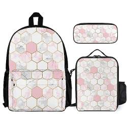 FJAUOQ Rucksack-Set, 3-teilig, für Herren und Damen, kompatibel mit geometrischem Muster, Gold, Rose, Rosa, Grau, Weiß, Marmor, Büchertasche, Lunchbox, Federmäppchen von FJAUOQ