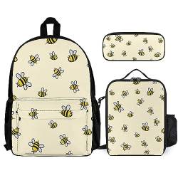 FJAUOQ Rucksack-Set, 3-teilig, für Herren und Damen, kompatibel mit niedlichem Bienenmuster, Büchertasche, Lunchbox, Federmäppchen von FJAUOQ