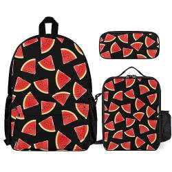 FJAUOQ Rucksack-Set, 3-teilig, für Herren und Damen, kompatibel mit roter Wassermelone, schwarze Büchertasche, Lunchbox, Federmäppchen von FJAUOQ