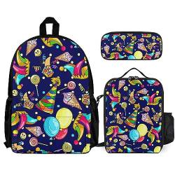 FJAUOQ Rucksack Set 3 Stück Herren Damen Kompatibel mit Happy Birthday Party Büchertasche Lunchbox Bleistifttasche von FJAUOQ