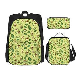 FJAUOQ Rucksack-Set mit Avocado-Motiv, 3-teilig, Rucksack-Set mit Lunch-Tasche, Federmäppchen, große Kapazität, Bp913, Einheitsgröße, Rucksack Rucksäcke von FJAUOQ