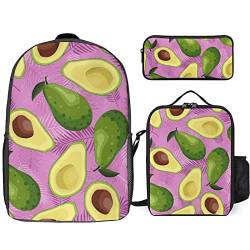 FJAUOQ Rucksack-Set mit Avocado- und tropischen Blättern, 3-teilig, Rucksack-Set mit Lunch-Tasche, Federmäppchen, großes Fassungsvermögen, Avocado und tropisches Blatt, Einheitsgröße, Rucksack von FJAUOQ