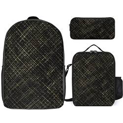 FJAUOQ Rucksack-Set mit Karomuster, Schwarz, Gold, 3-teilig, Rucksack-Set mit Lunch-Tasche, Federmäppchen, großes Fassungsvermögen, Schwarz Gold Plaid, Einheitsgröße, Rucksack Rucksäcke von FJAUOQ