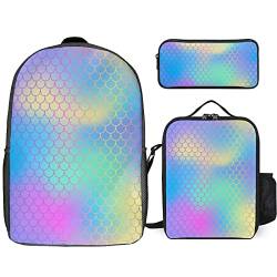 FJAUOQ Rucksack-Set mit Meerjungfrauen-Motiv, 3-teilig, Rucksack-Set mit Lunch-Tasche, Federmäppchen, großes Fassungsvermögen, Regenbogenfarbene Meerjungfrau-Waage., Einheitsgröße, Rucksack Rucksäcke von FJAUOQ