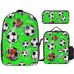 FJAUOQ Rucksack mit Fußball-Cartoon-Muster, 3-teilig, Rucksack-Set mit Lunch-Tasche, Federmäppchen, große Kapazität, Fußball-Cartoon-Muster, Einheitsgröße, Rucksack Rucksäcke von FJAUOQ