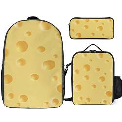 FJAUOQ Rucksack mit gelbem Käse-Muster, 3-teilig, Rucksack-Set mit Lunch-Tasche, Federmäppchen, große Kapazität, Gelbes Käse-Muster, Einheitsgröße, Rucksack Rucksäcke von FJAUOQ