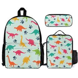 FJAUOQ Unisex-Rucksack-Set, 3-teilig, Büchertasche, Federmäppchen, Lunch-Tasche, kompatibel mit bunten Cartoon-Dinosauriern von FJAUOQ