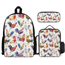 FJAUOQ Unisex-Rucksack-Set, 3-teilig, Büchertasche, Federmäppchen und Lunchtasche, kompatibel mit Aquarell-Hahn und Huhn von FJAUOQ