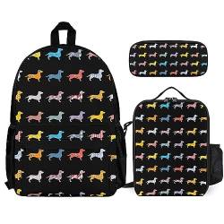 FJAUOQ Unisex Rucksack Set 3 Stück Büchertasche + Federmäppchen + Lunchtasche Kombination (Kompatibel mit Black Dackel Puppy Animal Dog) von FJAUOQ