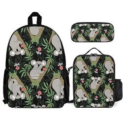 FJAUOQ Unisex Rucksack Set 3 Stück Büchertasche + Federmäppchen + Lunchtasche Kombination (Kompatibel mit Cute Cartoon Koala) von FJAUOQ