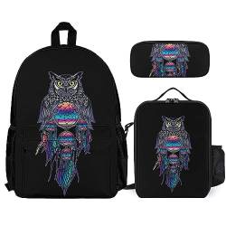 FJAUOQ Unisex Rucksack Set 3 Stück Büchertasche + Federmäppchen + Lunchtasche Kombination (Kompatibel mit Eule Regenbogen Traumfänger) von FJAUOQ