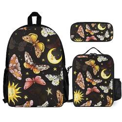 FJAUOQ Unisex Rucksack Set 3 Stück Büchertasche + Federmäppchen + Lunchtasche Kombination (Kompatibel mit Trippy Gothic Schmetterling Motten Sonne Mond Stern) von FJAUOQ