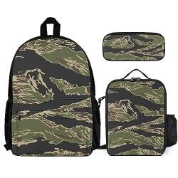 FJAUOQ Unisex Rucksack-Set 3-teilig Büchertasche + Federmäppchen + Lunchtasche Kombination (kompatibel mit Armee Militär Camouflage Vietnam Tiger Stripe) von FJAUOQ