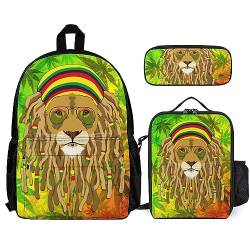 FJAUOQ Unisex Rucksack-Set 3-teilig Büchertasche + Federmäppchen + Lunchtasche Kombination (kompatibel mit Rasta Flag Weedleaf Rastafarian Reggae Lion) von FJAUOQ