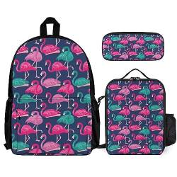 FJAUOQ Unisex Rucksack-Set 3-teilig Büchertasche + Federmäppchen + Lunchtasche Kombination (kompatibel mit Tropical Teal Pink Flamingo) von FJAUOQ