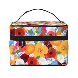 Make-up-Tasche mit roten und gelben Blumen für Frauen,Reise-Kosmetiktasche mit großem Fassungsvermögen,tragbarer Kulturbeutel mit Blumenmuster,Make-up-Beutel für Mädchen,niedlicher Schmuck-Make-u von FJAUOQ