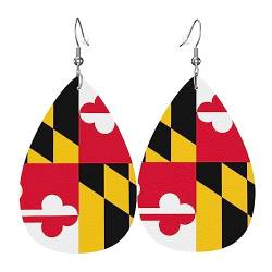 Maryland Staatsflaggen-Ohrringe, Leder, Tropfenform, niedlich, ästhetisch, hängende Ohrringe, Geschenke für Frauen und Mädchen, Einheitsgröße, Leder Polyvinylchlorid von FJAUOQ