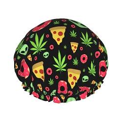 Alien Donut Pot Leaf Weedleaf Pizza Schwarze Haarhaube für Frauen Große Duschhauben Satin Schlafmützen Lockiges Naturhaar von FJQWKLF