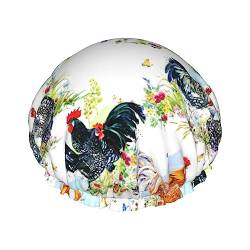 Duschhaube mit Hahn-Huhn-Aquarellblumen für Frauen, elastischer und wiederverwendbarer Haarschutz, doppelte wasserdichte Bademütze von FJQWKLF